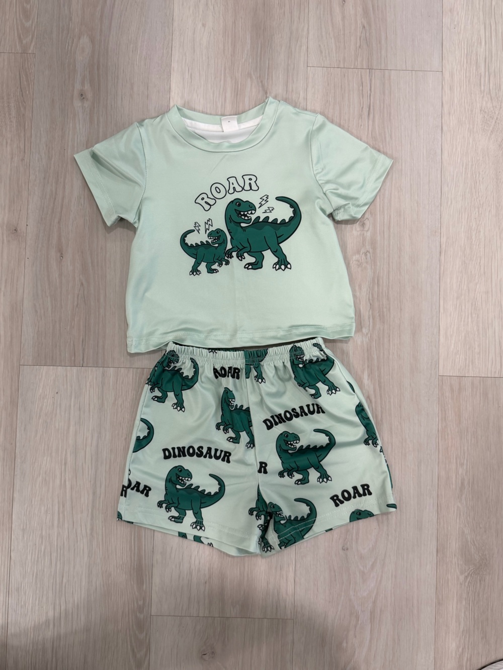 SHEIN Mint and Dark Green Dinosaur Pajama Set for Kids